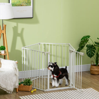 Pet Safety Gate 5-Panel Playpen Fireplace Christmas Tree Metal Fence Stair Barrier Room Divider with Walk Through Door White