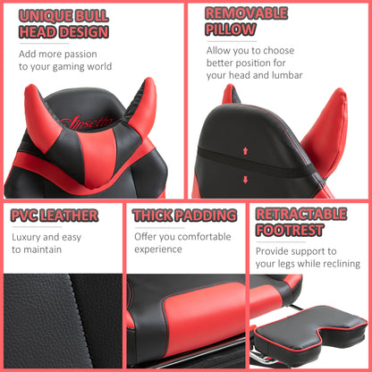 Reclining Gaming Chair with Footrest, Ergonomics, PU Leather Bull Horn Headrest Red and Black