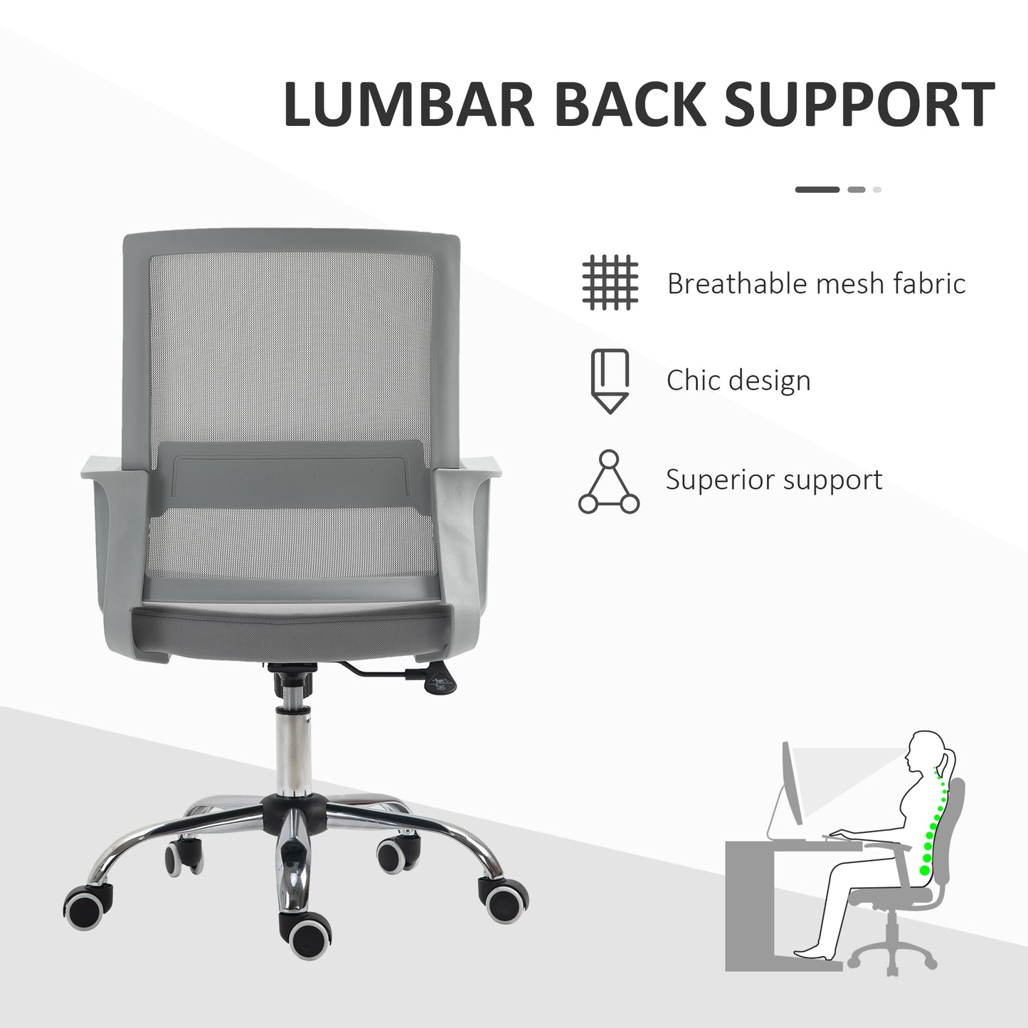 Ergonomic Desk Chair Mesh Office Chair with Adjustable Height Armrest and 360° Swivel Castor Wheels Grey  Aosom Irealnd