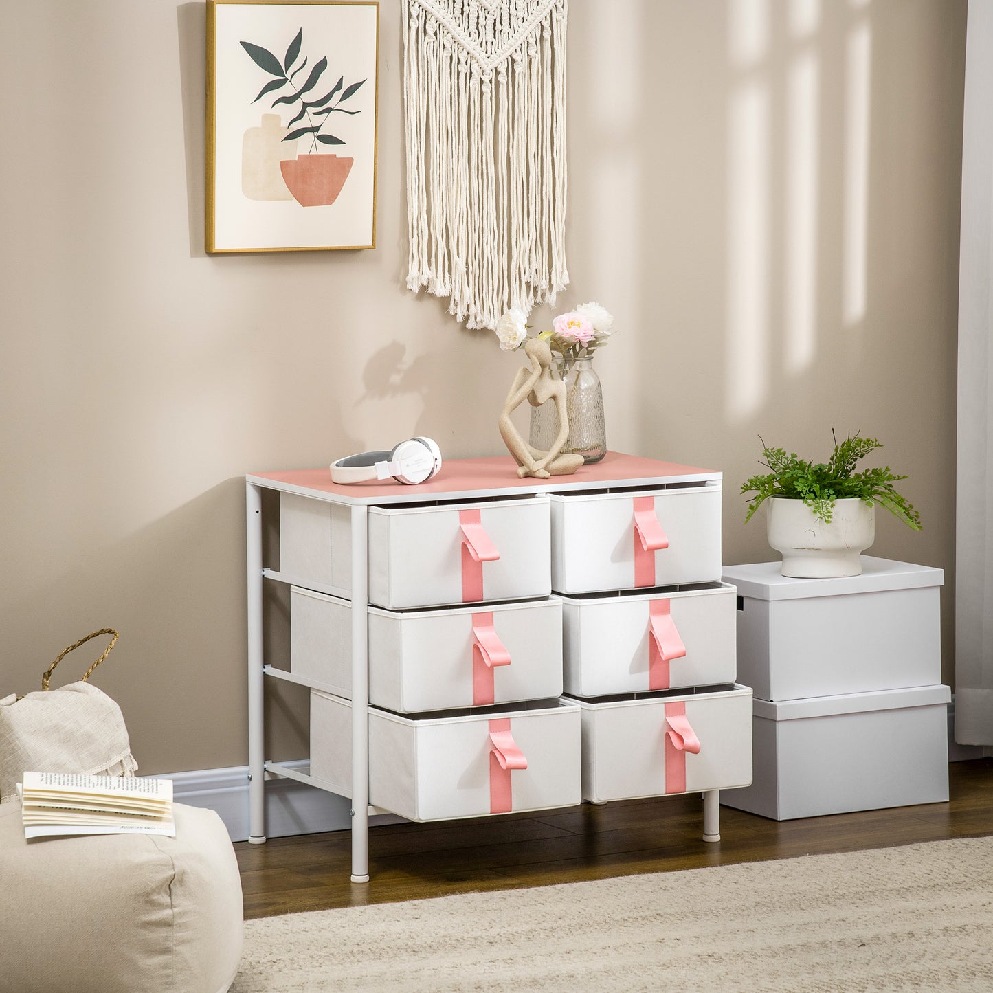 Pink Chest of Drawer, 6 Drawers, Cloth Organizer Unit, Fabric, Metal Frame and Wooden Top, for Kids Room, Living Room