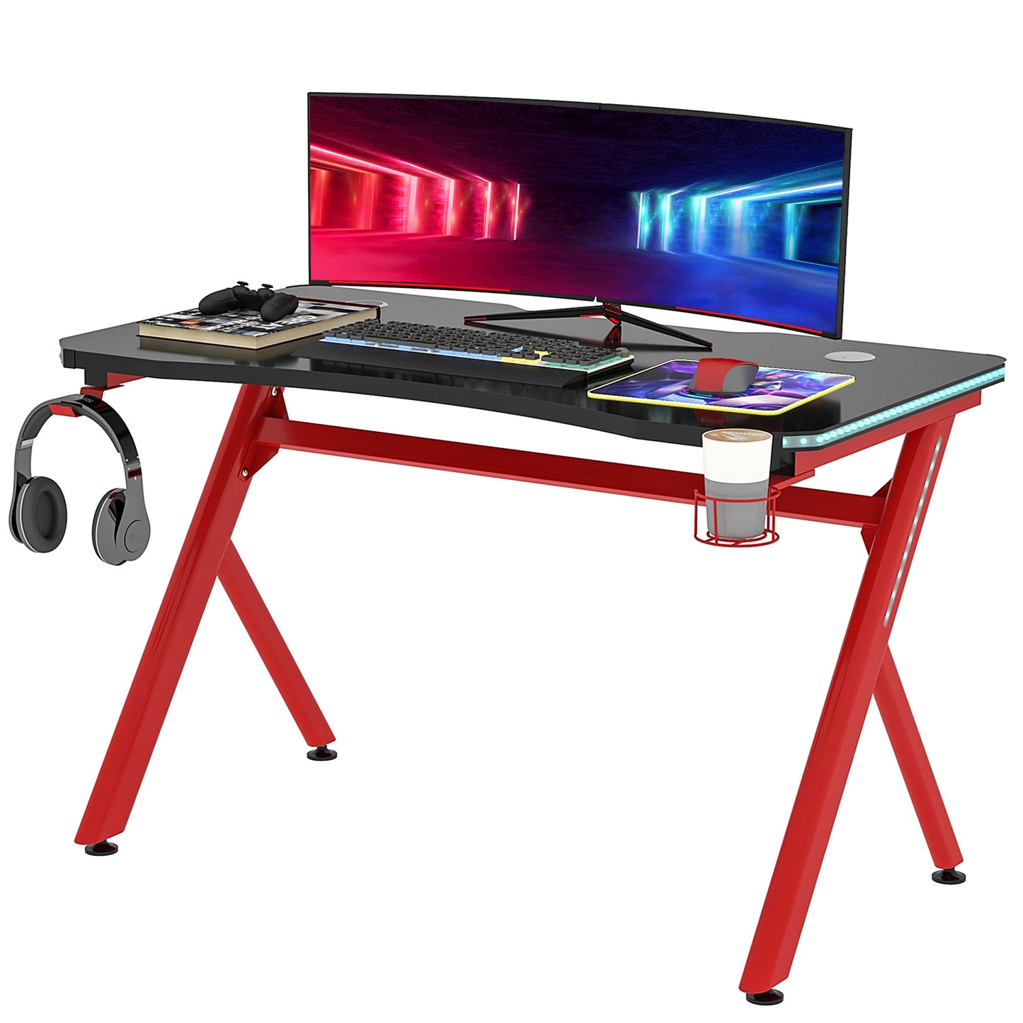 Small Gaming Desk, Steel Frame LED w/ Headphone & Drink Holder Black