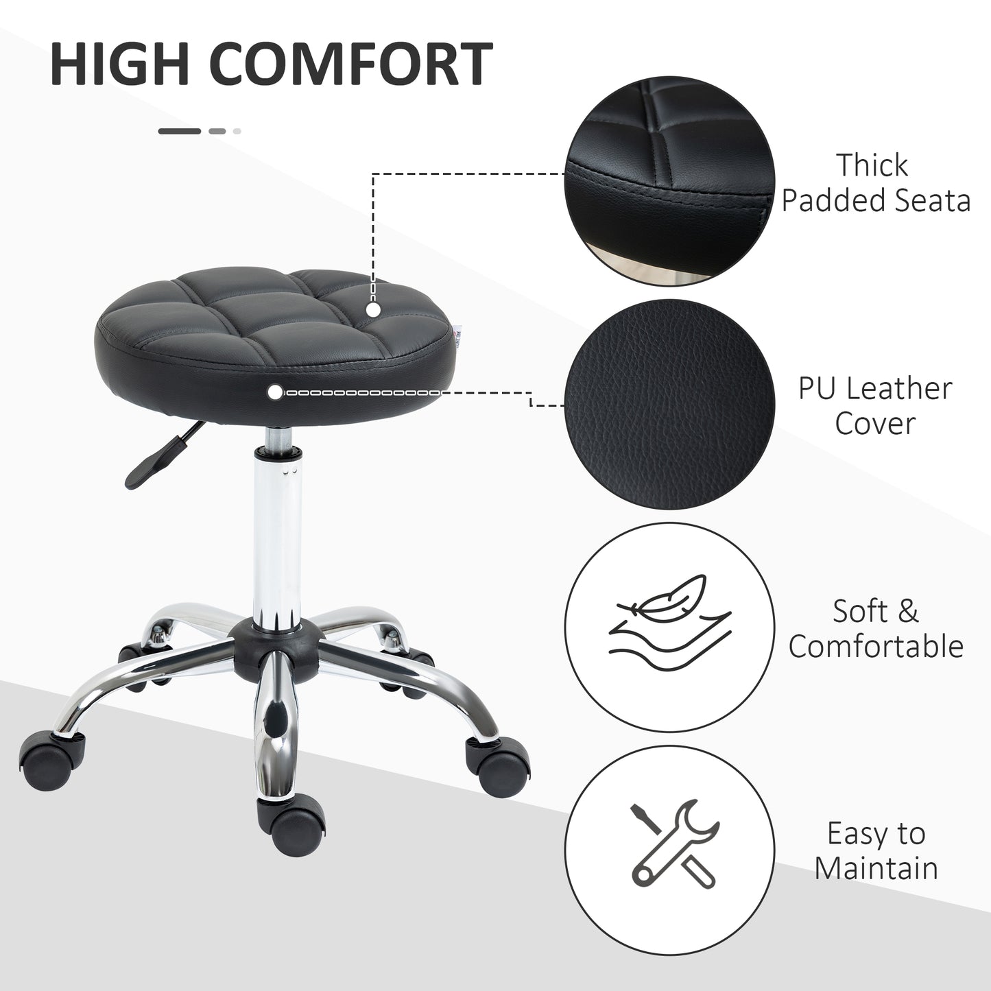 Beauty Stool, with Wheels, Salon Stool, Height Adjustable with PU Leather for Hairdressing, Spa, Black