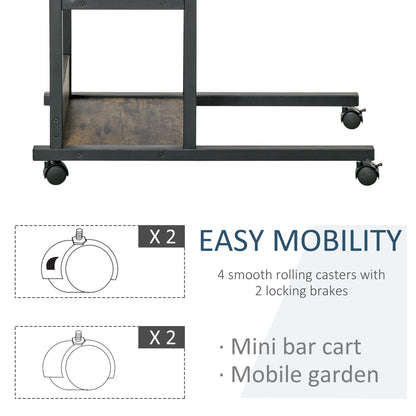 Industrial C-Shaped Side Table, Mobile Rolling Sofa Side Table with 3-Tier Storage Shelving, Adjustable Height, Wheels