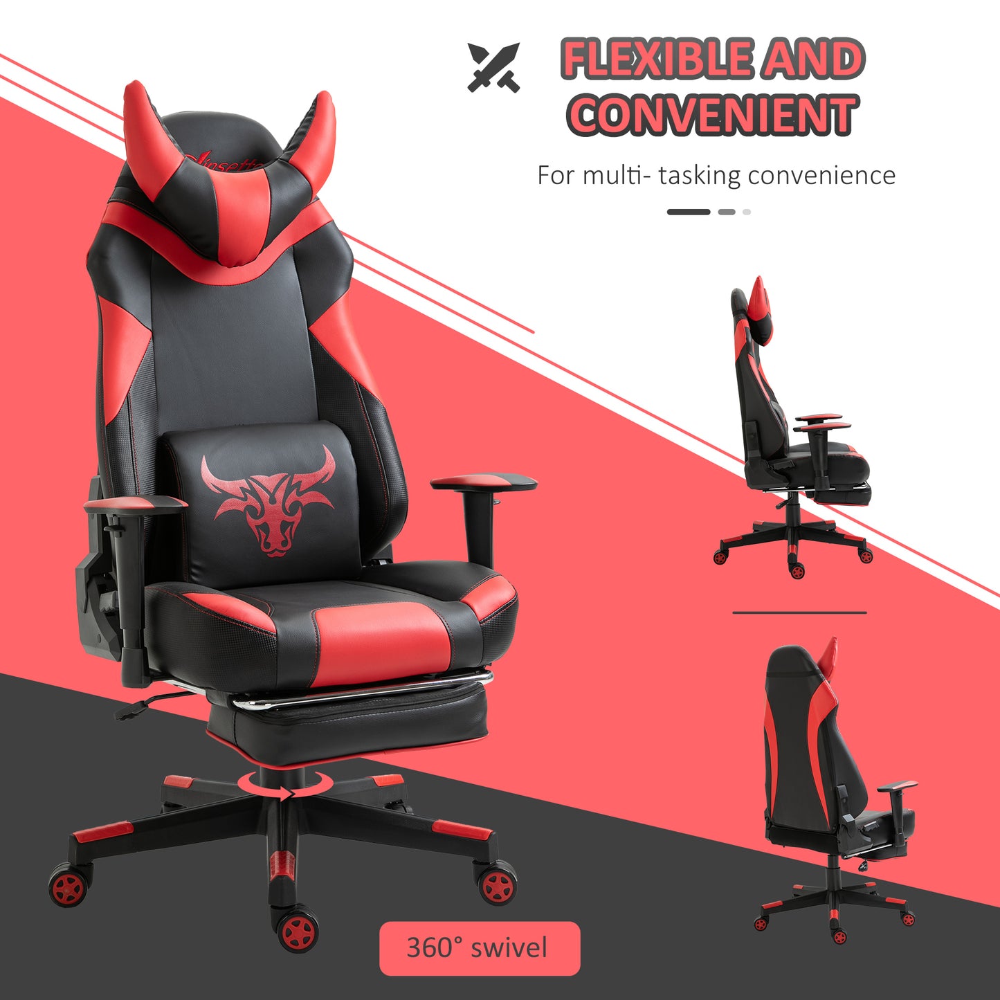 Reclining Gaming Chair with Footrest, Ergonomics, PU Leather Bull Horn Headrest Red and Black