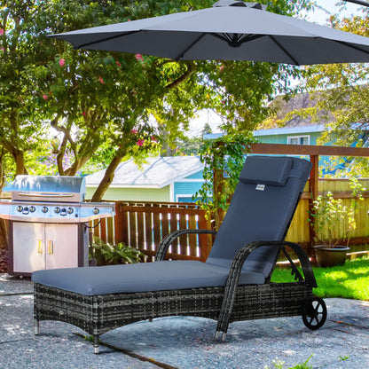 Outsunny Adjustable Rattan Sun Lounger W/ Cushion, 200Lx73Wx56-103H cm-Grey 