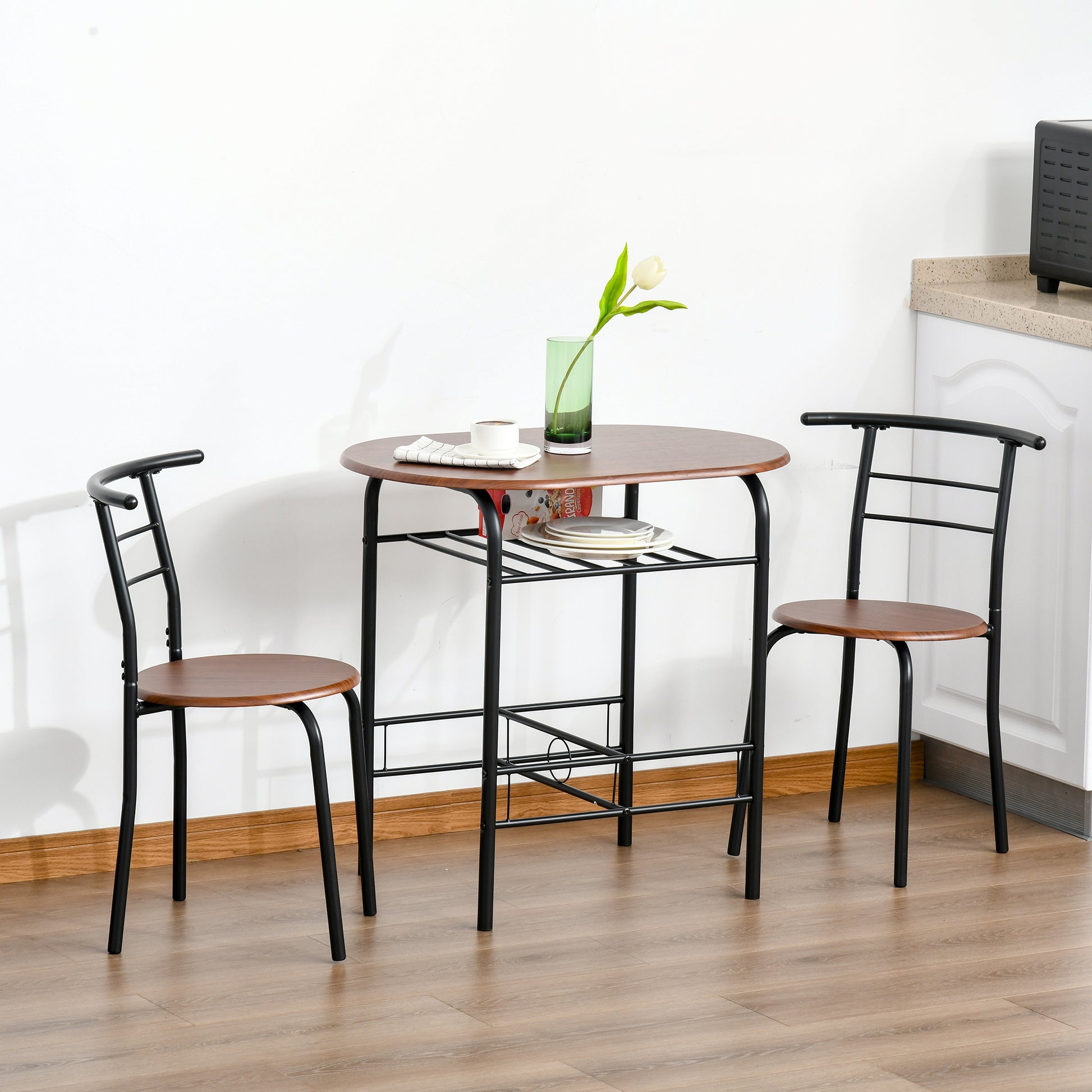 HOMCOM MDF 2-Seater Bar Stool and Table Set w/ Bottle Storage Shelf Wood Tone