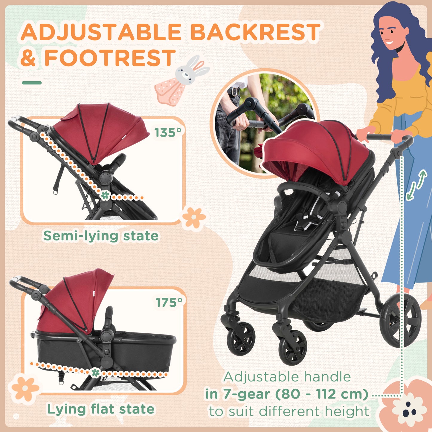 Baby Stroller Pram Pushchair 2 in 1 Lightweight w/ Reversible Seat, Foldable Travel, Fully Reclining From Birth to 3 Years, Red