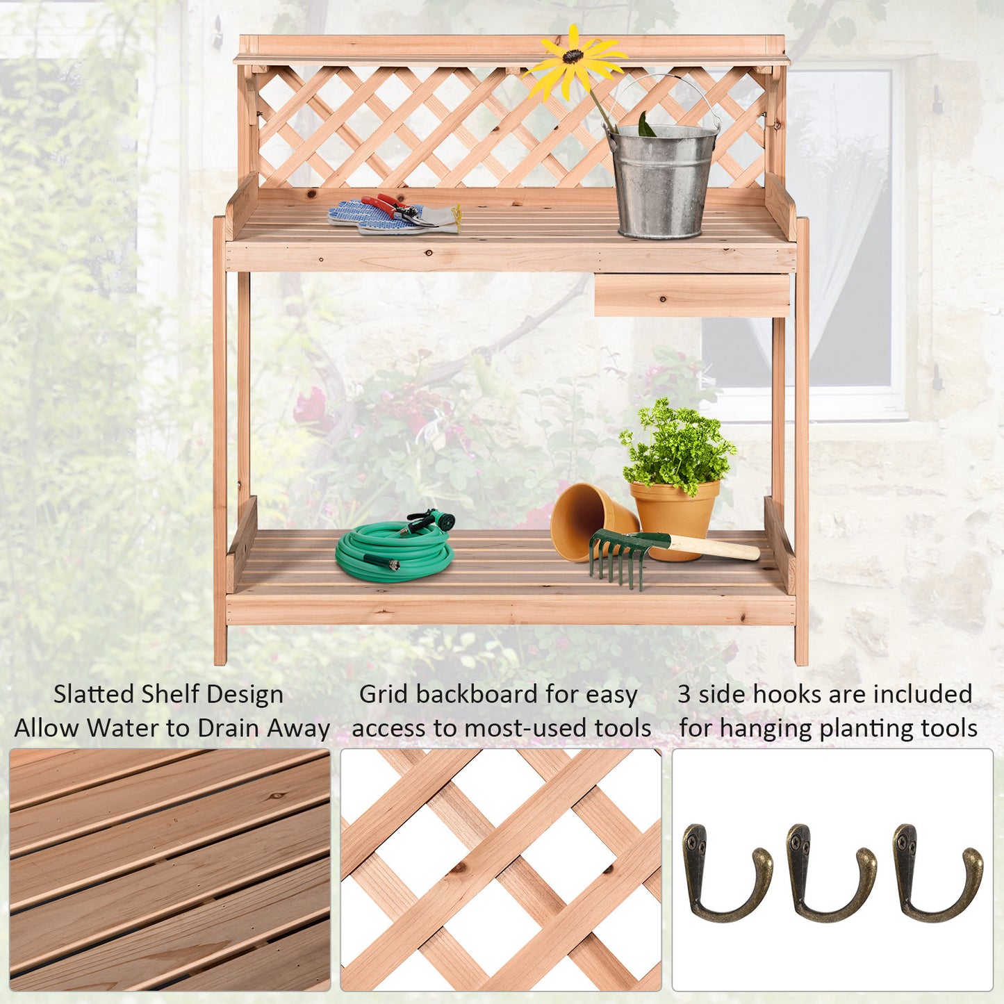 Fir Wood Outdoor Garden Potting Table w/ Drawer