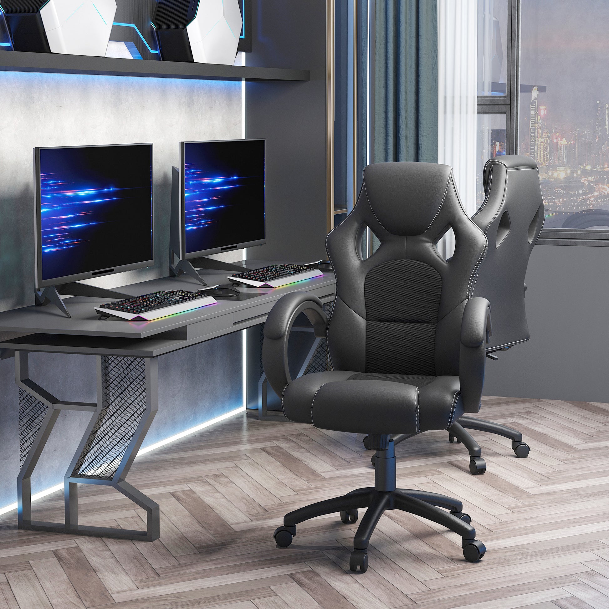 Vinsetto Black Leather Office Chair, with 360-degree Swivel & Wheels, Computer Racing Gamer Desk Chair for Home Office 