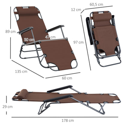 Metal Frame 2 In 1 Sun Lounger w/ Pillow Brown