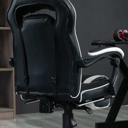 Gaming Chair with Footrest 135° Reclining High Back Racing Chair PU Leather Executive Swivel Chair with Headrest, Black White