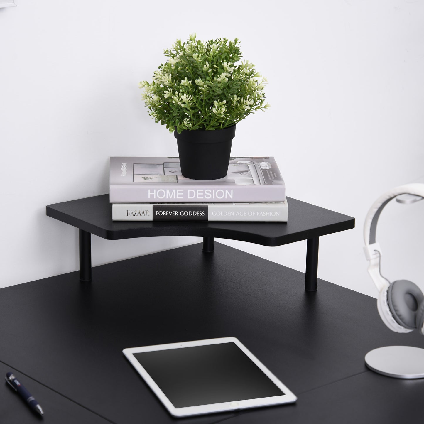 L-Shaped Corner Desk Steel MDF Top w/ Keyboard Tray Black