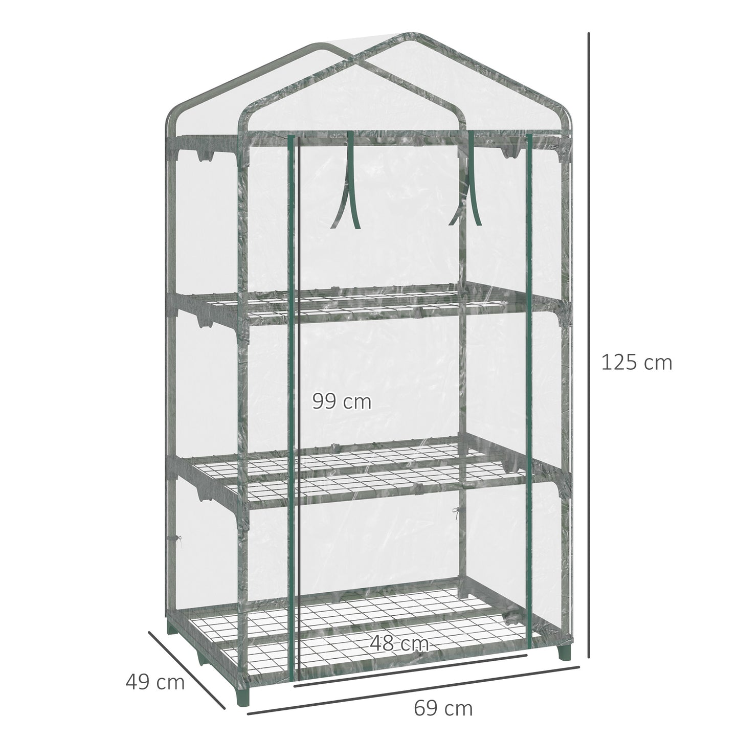 Small Green House, 3 Tier, Portable, Garden Grow House w/ Roll Up Door & Wire Shelves 69L x 49W x 125H cm Clear