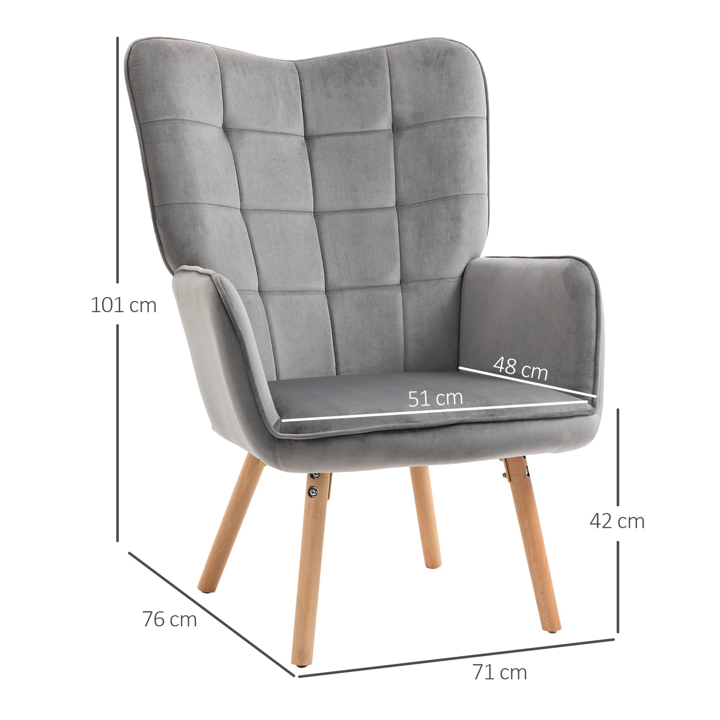 Grey Velvet Arm Chair, Tufted Living Room Chair with Wood Legs, Grey