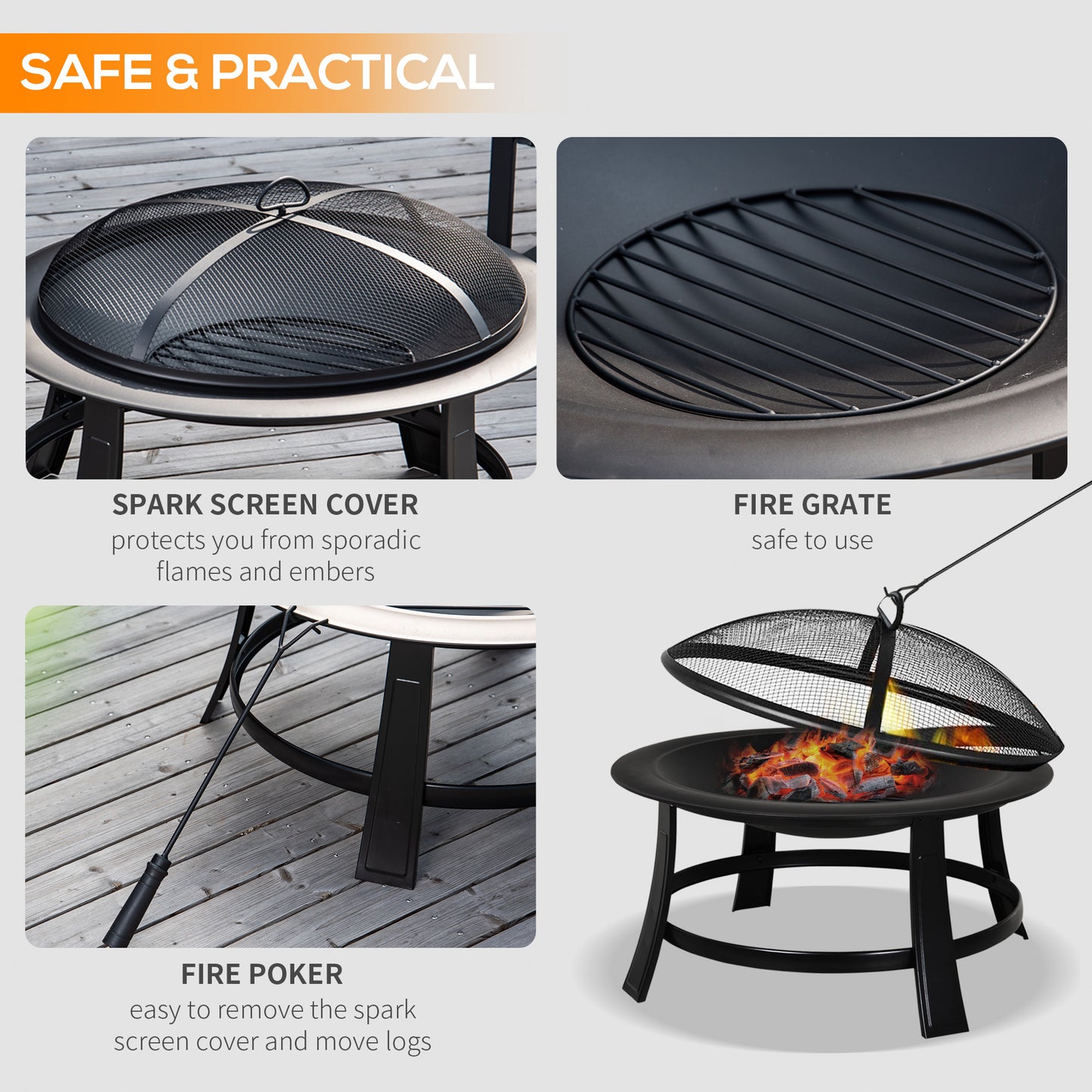 Metal Large Firepit Bowl Outdoor Round Fire Pit w/ Lid, Log Grate, Poker for Backyard, Camping, BBQ, Wood Burning Stove, Black