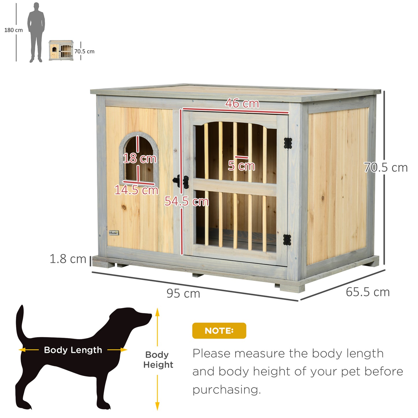 Wooden Dog Crate, Furniture Style Dog Kennel End Table w/ Lockable Door, Window, for Small, Medium Dogs, Grey and Natural