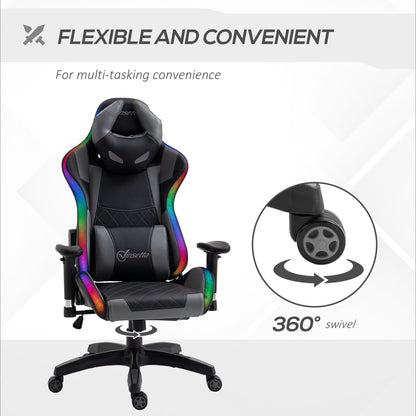 Ergonomic Gaming Chair with RGB LED Light, Lumbar Support, Gamer Recliner, Grey