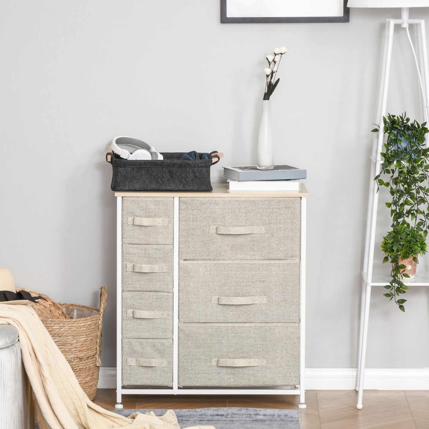 HOMCOM 7 Drawer Chest, Fabric Drawers, w/Metal Frame Adjustable Feet White Oak &Light Grey