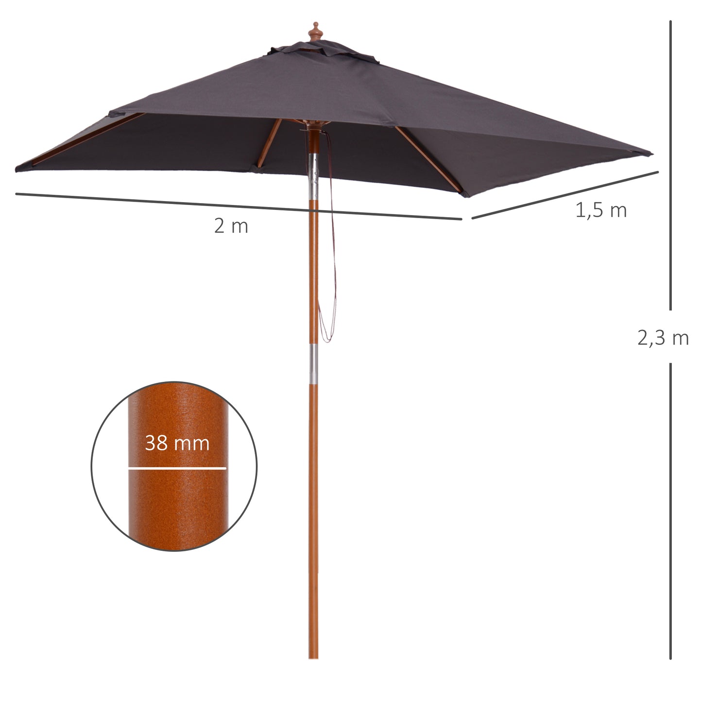 2 x 1.5m Patio Garden Parasol Sun Umbrella Sunshade Canopy Outdoor Backyard Furniture Wood Wooden Pole 6 Ribs Tilt Mechanism - Deep Grey