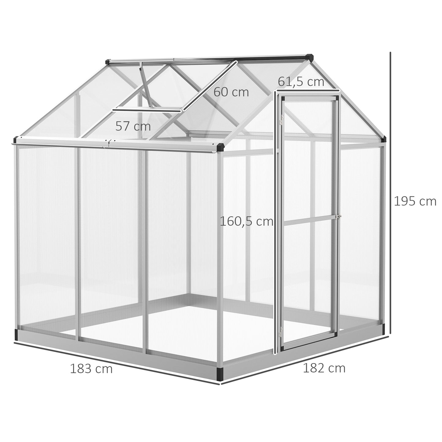 Greenhouse w/Sliding Door Window Glavanized Base 4mm PC Panels Aluminium Frame 195x182cm Outdoor