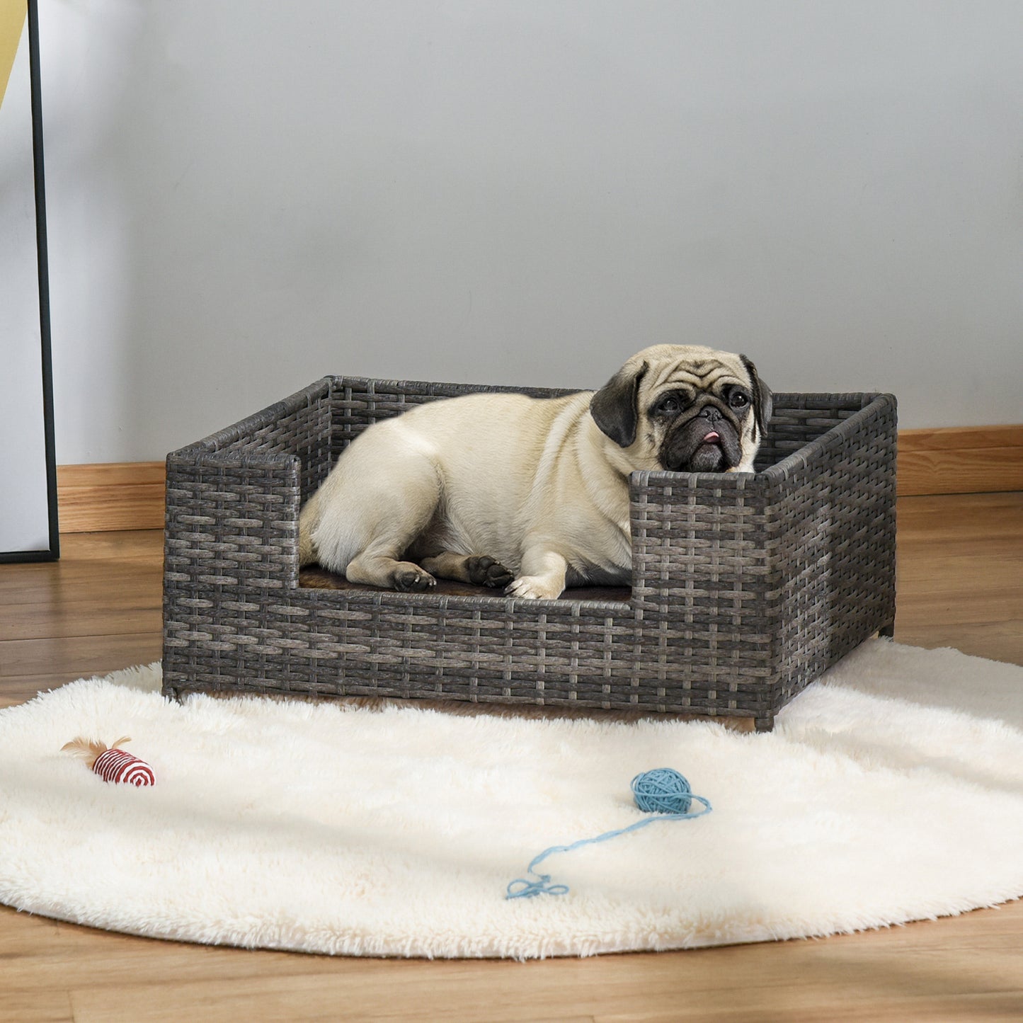 PawHut Rattan Dog Bed Four Feet Dog House Hand-knitted Metal Small Animal Sofa Rattan with Soft Machine Washable Cushion Grey 