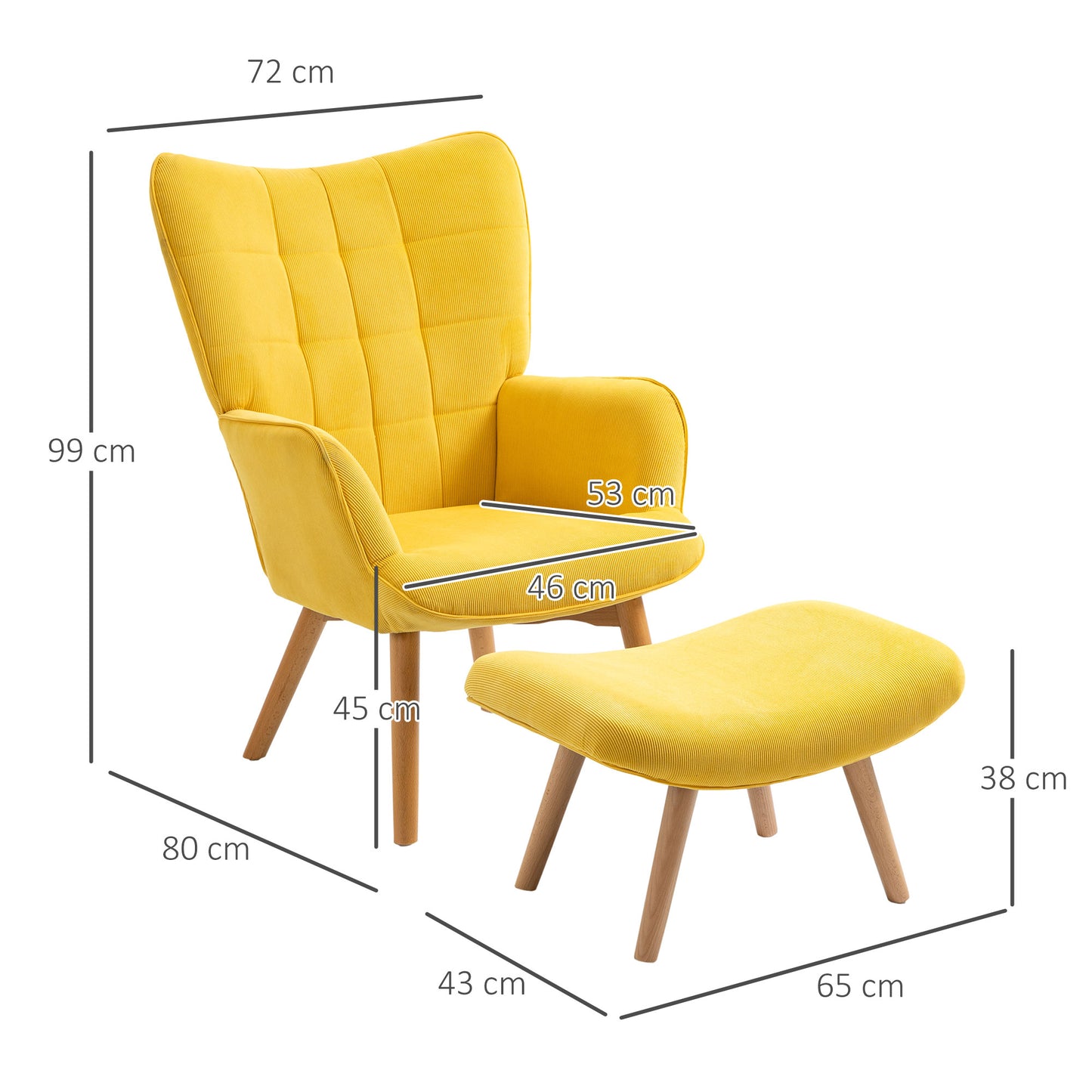 Accent Chair with Ottoman, Living Room Chairs with Steel Frame, Wooden Legs for Study, Bedroom and Home Office, Yellow