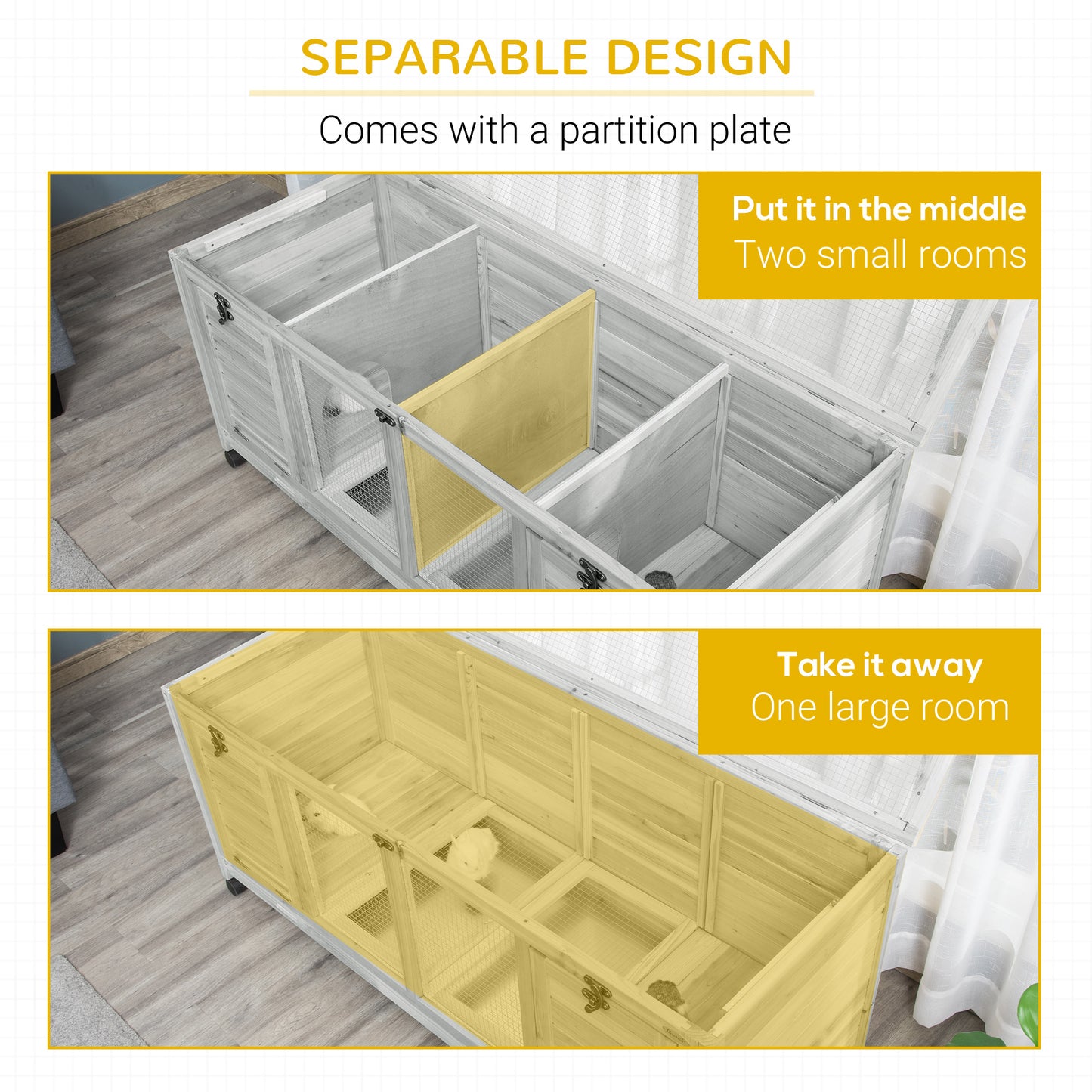 Bunny Cage, Wooden, Mobile Guinea Pig Cage, Separable Bunny Run, Small Animal House with Wheels, Slide-out Tray, 138 x 53 x 61cm, Light Grey