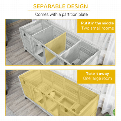 Bunny Cage, Wooden, Mobile Guinea Pig Cage, Separable Bunny Run, Small Animal House with Wheels, Slide-out Tray, 138 x 53 x 61cm, Light Grey