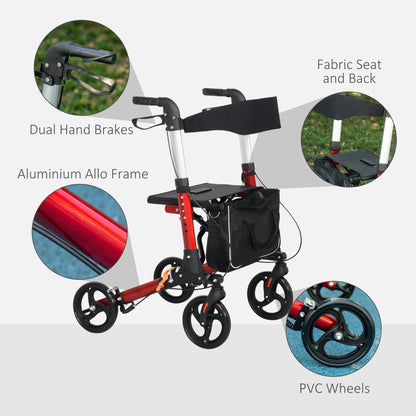 Folding Rollator Walker with Seat and Backrest, Adjustable Handle Height, 4 Wheeled Walker for Seniors, Handicapped, Red