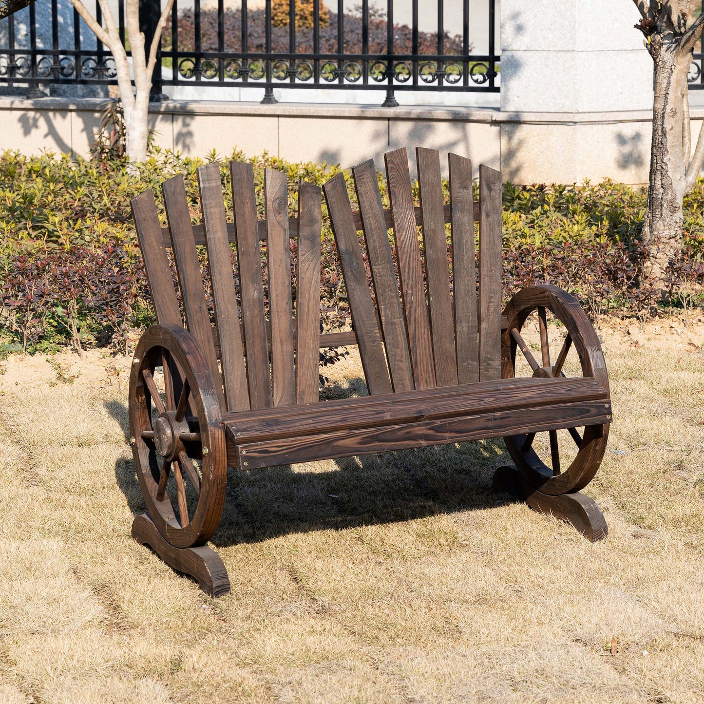 Outsunny Comfortable Fir Logs Love Chair with Wheel-Shaped Armrests, Outdoor Wooden Loveseats, Carbonized color 