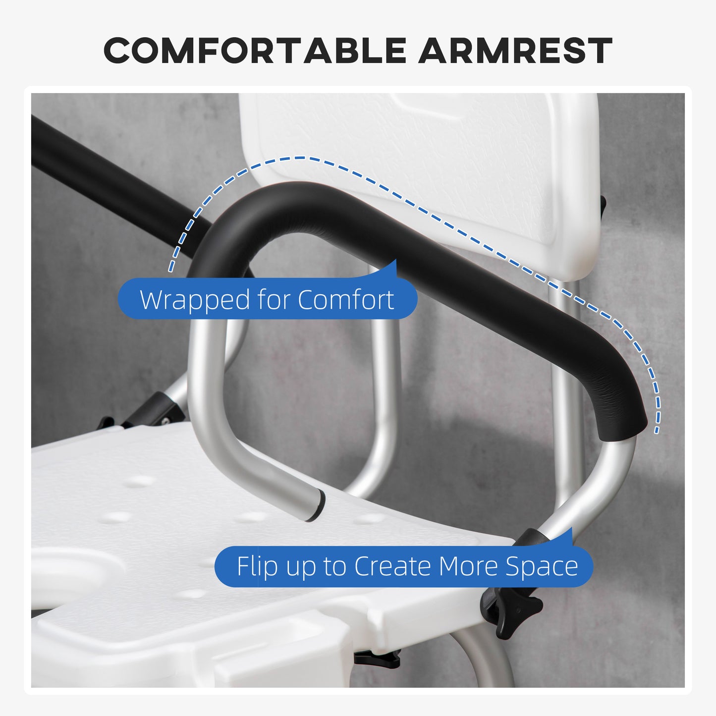 Shower Chair for Disabled, Height Adjustable Shower Stool with Back and Flipped Padded Arms, White