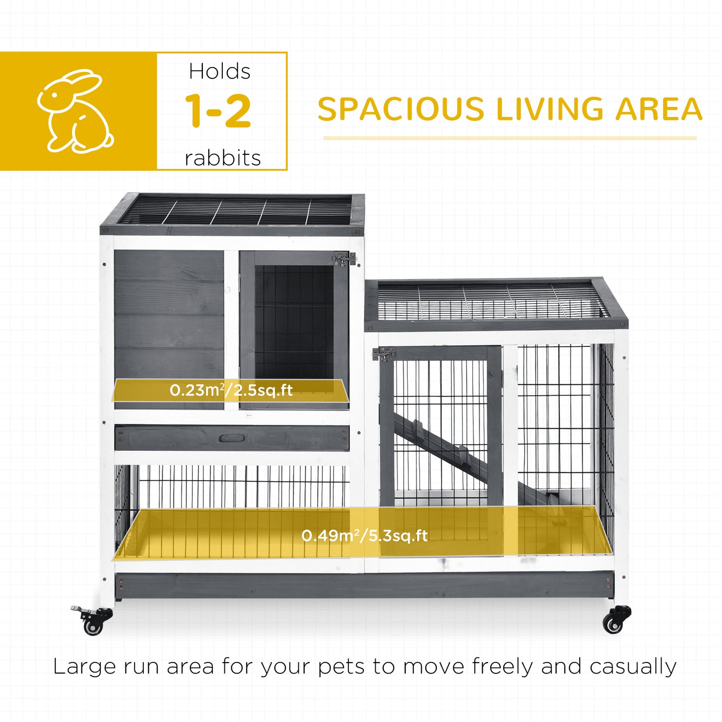 Wooden Indoor Rabbit Hutch Elevated Cage Habitat with Enclosed Run w/Wheels, Ideal for Rabbits and Guinea Pigs, Grey and White