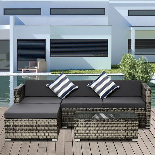 Outsunny 5PC Rattan  Furniture  Set Garden Sectional Wicker Sofa Glass Tepmpered Tea Table w/ Cushion Pillows  Aosom IE