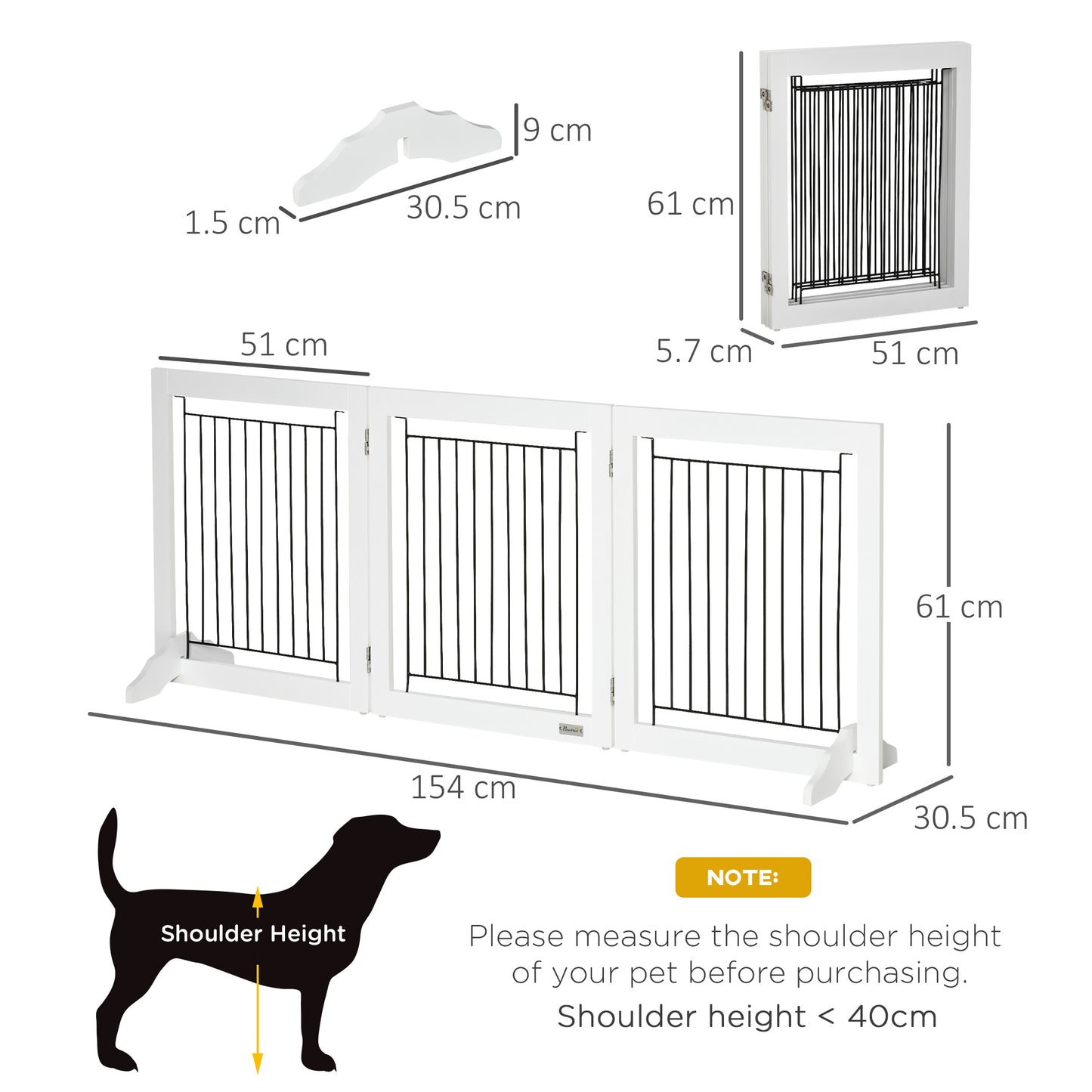 Foldable Pet Gate, with Three Panels & Two Support Feet - White