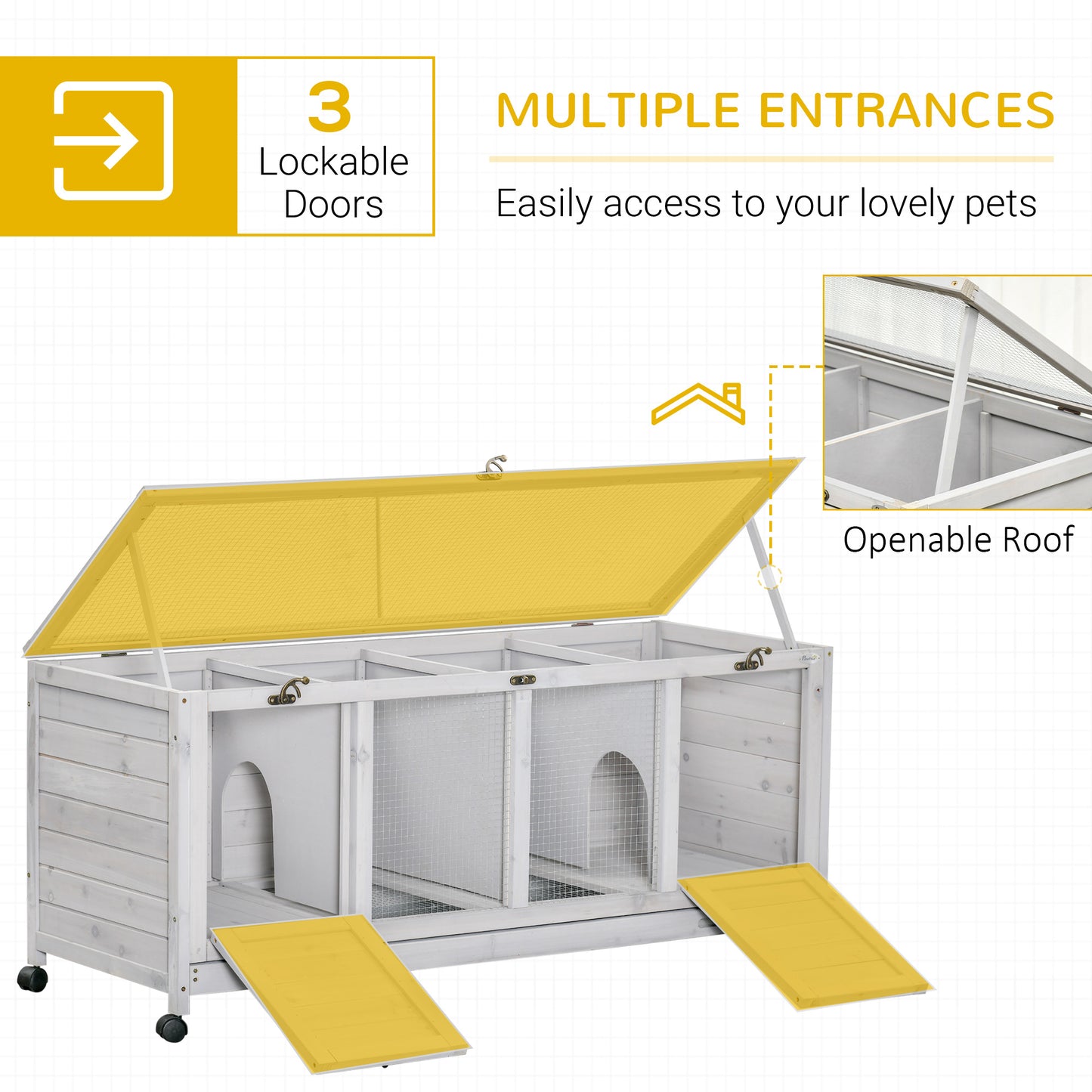 Bunny Cage, Wooden, Mobile Guinea Pig Cage, Separable Bunny Run, Small Animal House with Wheels, Slide-out Tray, 138 x 53 x 61cm, Light Grey