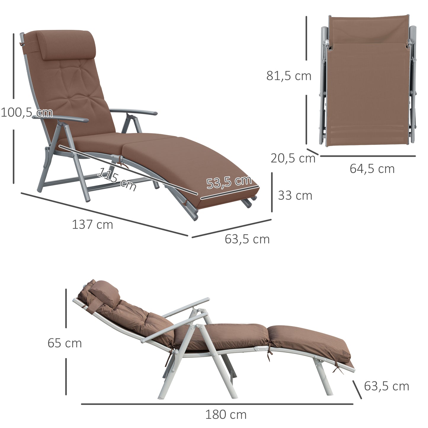 Outdoor Patio Sun Lounger Garden Textilene Foldable Reclining Chair Pillow Adjustable Recliner with Cushion - Brown