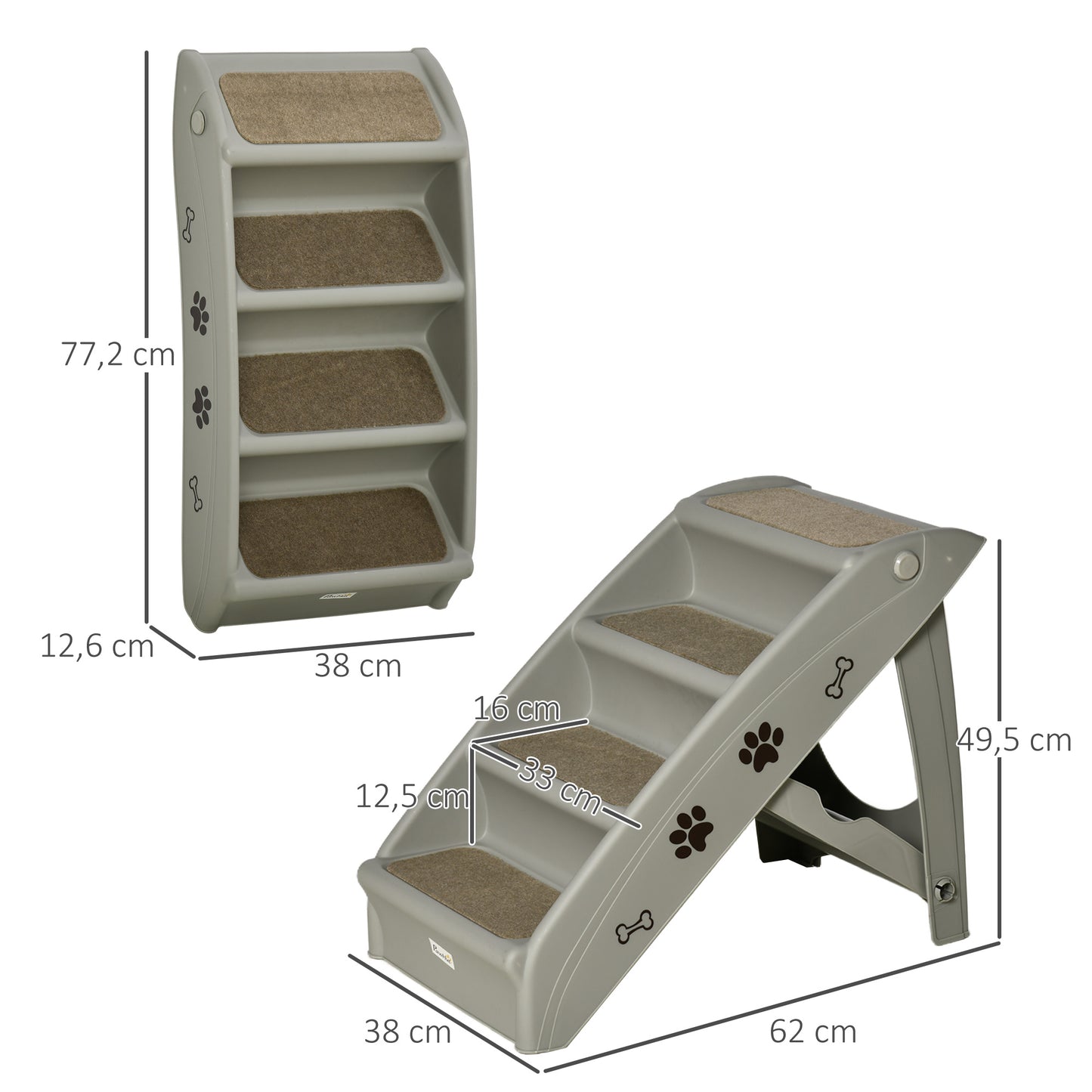 Pet Steps, Foldable Four-Step Pet Stairs, Small Miniature Dogs, with Non-Slip Mats 62 x 38 x 49.5cm - Grey