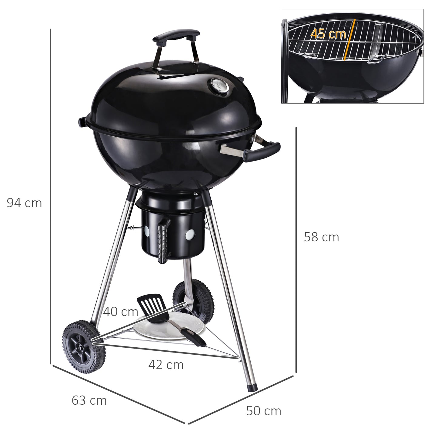 Steel Freestanding Charcoal BBQ Grill w/ Wheels Black