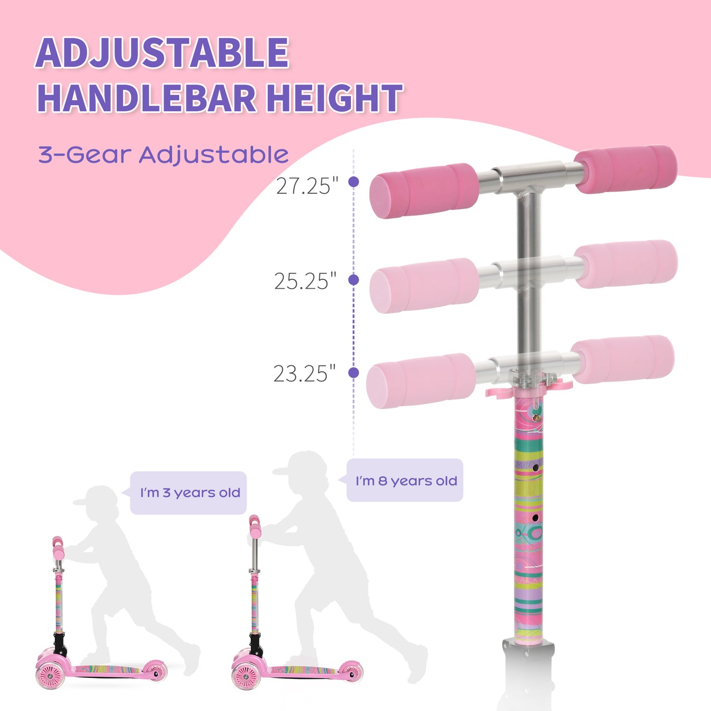 Toddler Scooter, 3 Wheel Scooter, Foldable Adjustable Height LED Flashing Wheels for Boys&Girls 3-8 Years Pink