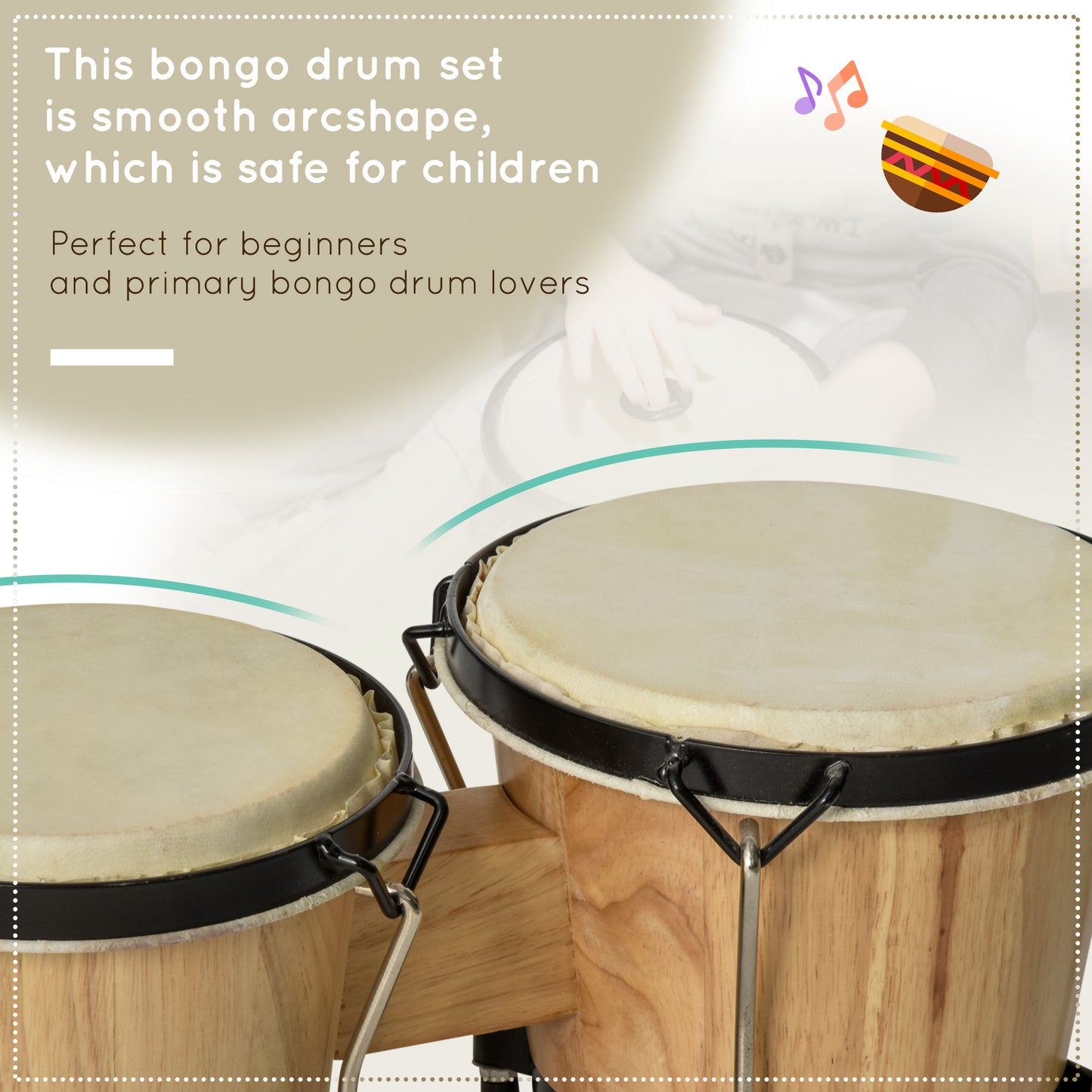 Bongo Drum, Wooden, with Carry Bag Adjusting Wrench for Beginner Natural Finish Gift