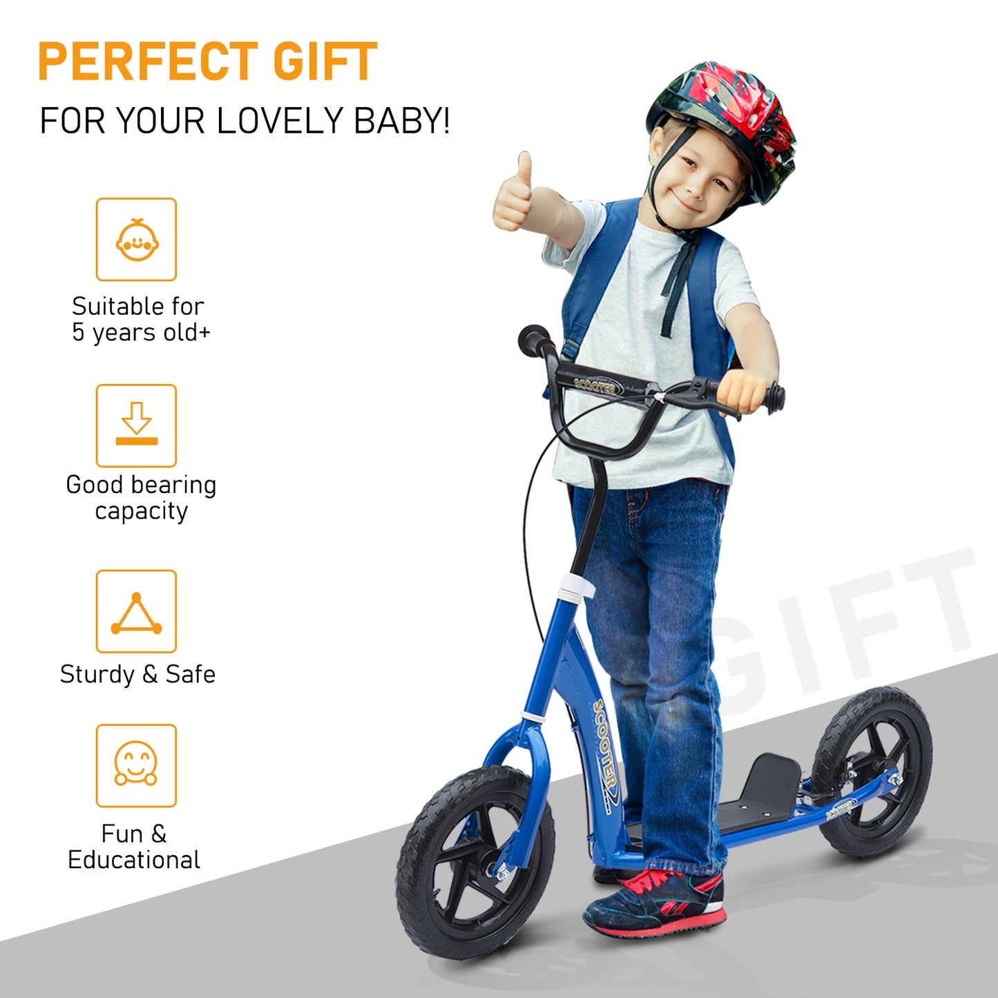 Bicycle Scooter, Kick Scooter for Kids, Big Wheel, 12" Tyres Scooter-Blue