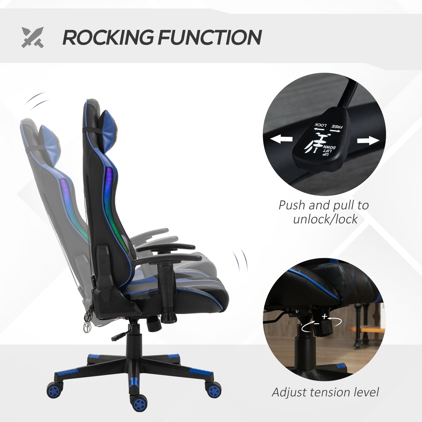 Gaming Chair with Led Lights, Lumbar Support, Swivel Home Office Computer Recliner High Back Gamer Desk Chair, Black Blue