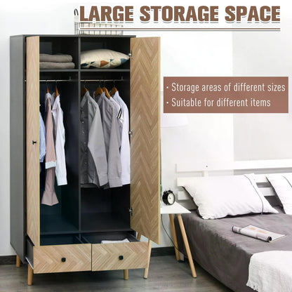 Cloth Wardrobe, Wood Grain Sticker Surface with Shelf, Hanging Rod and 2 Drawers 90x50x190cm