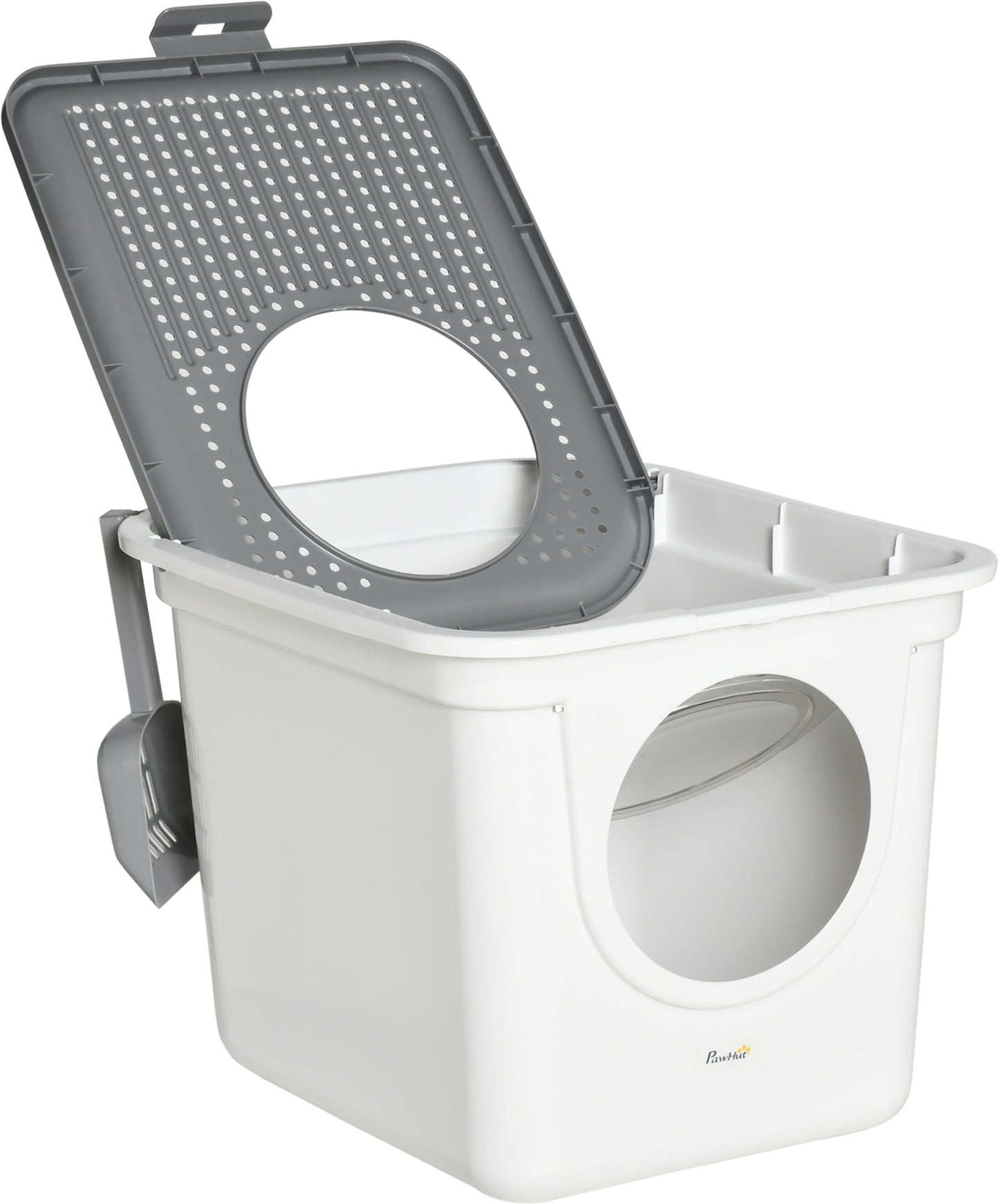 Litter Box for Cats, Cat Litter Box, Pet Toilet Enclosed w/ Front Entrance Top exit Scoop, White