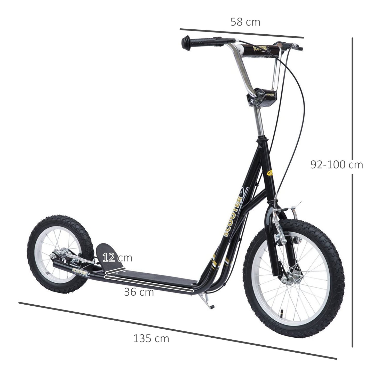 Bicycle Scooter, Kick Scooter for Kids, Big Wheel, 12" Tyres Ride On-Black