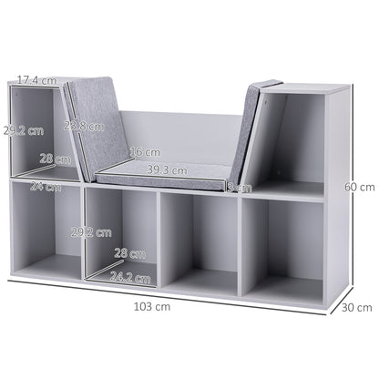 Childrens Bookcase with Storage, w/Reading Nook and Cushion, Multi-Purpose Storage Organizer for Bedroom, Living Room, Grey