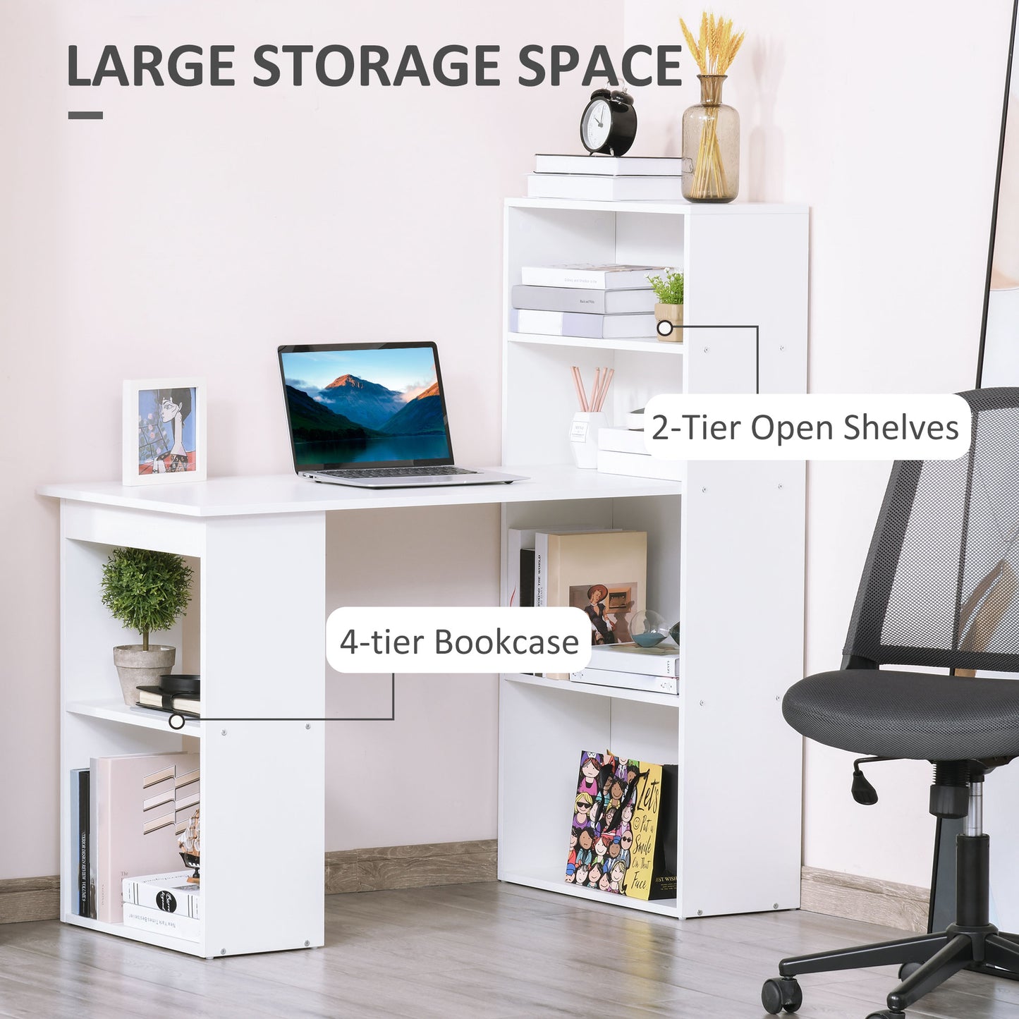 Corner Desk 120cm Modern Computer Desk Bookshelf  Writing Table Workstation White 6 Shelves