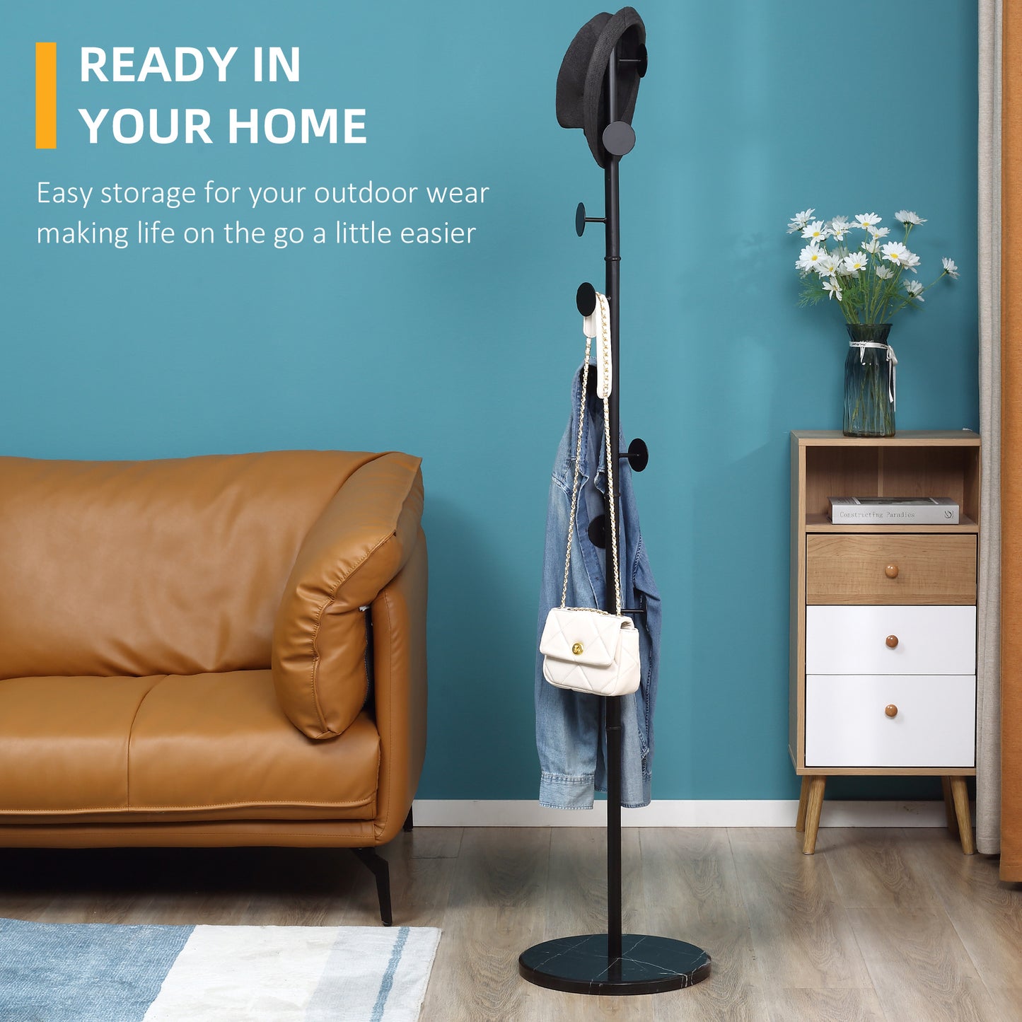 Coat Rack Stand Free Standing Hall Tree with 8 Round Disc Hooks for Clothes, Hats,Purses, Steel with Marble Base, Black