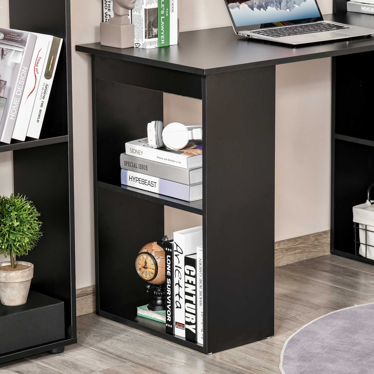 Black Corner Desk, 120cm Modern Computer Desk Bookshelf Writing Table Workstation PC Laptop Study 6 Shelves