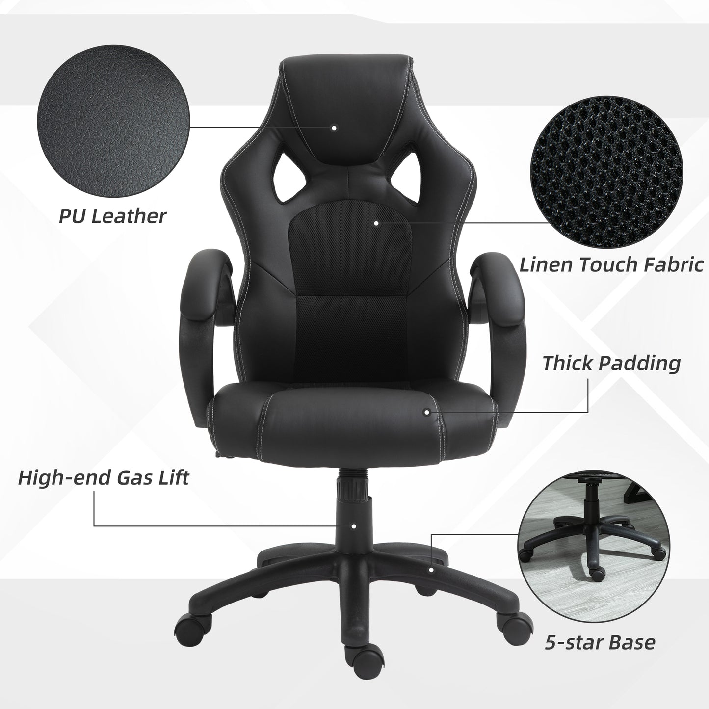 Black Leather Office Chair, with 360-degree Swivel & Wheels, Computer Racing Gamer Desk Chair for Home Office